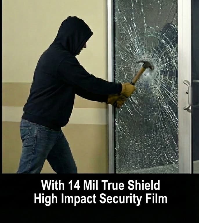 With 14 Mil TrueShield High Impact Security Film — glass cracks but stays in place