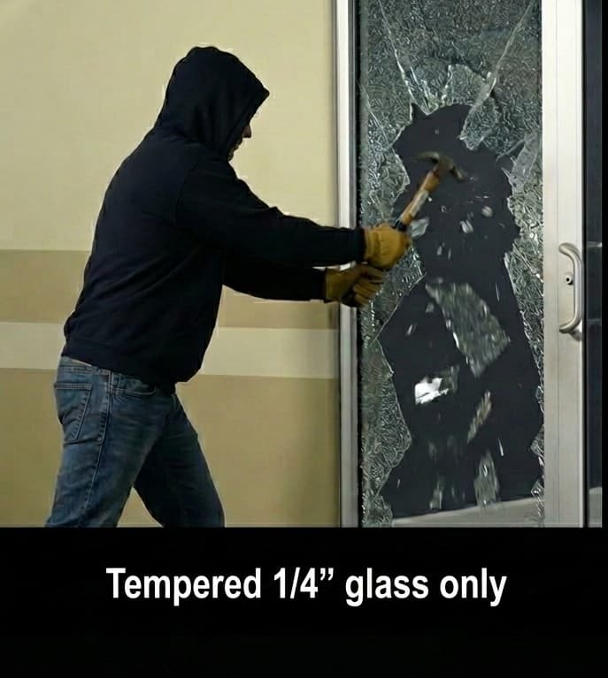 Tempered 1/4 inch glass only — glass shatters completely on impact