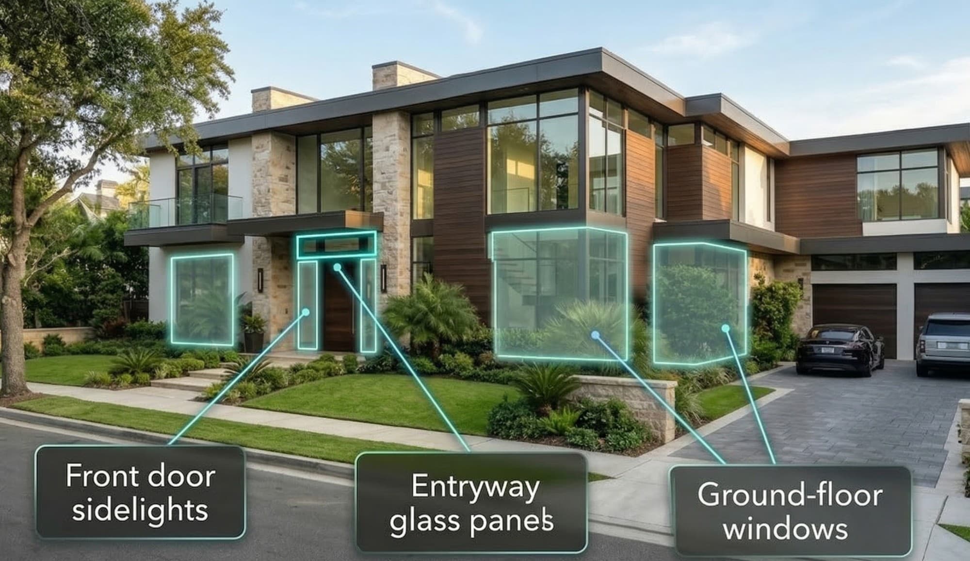 Front view of a luxury home highlighting vulnerable glass entry points including front door sidelights, entryway glass panels, and ground-floor windows