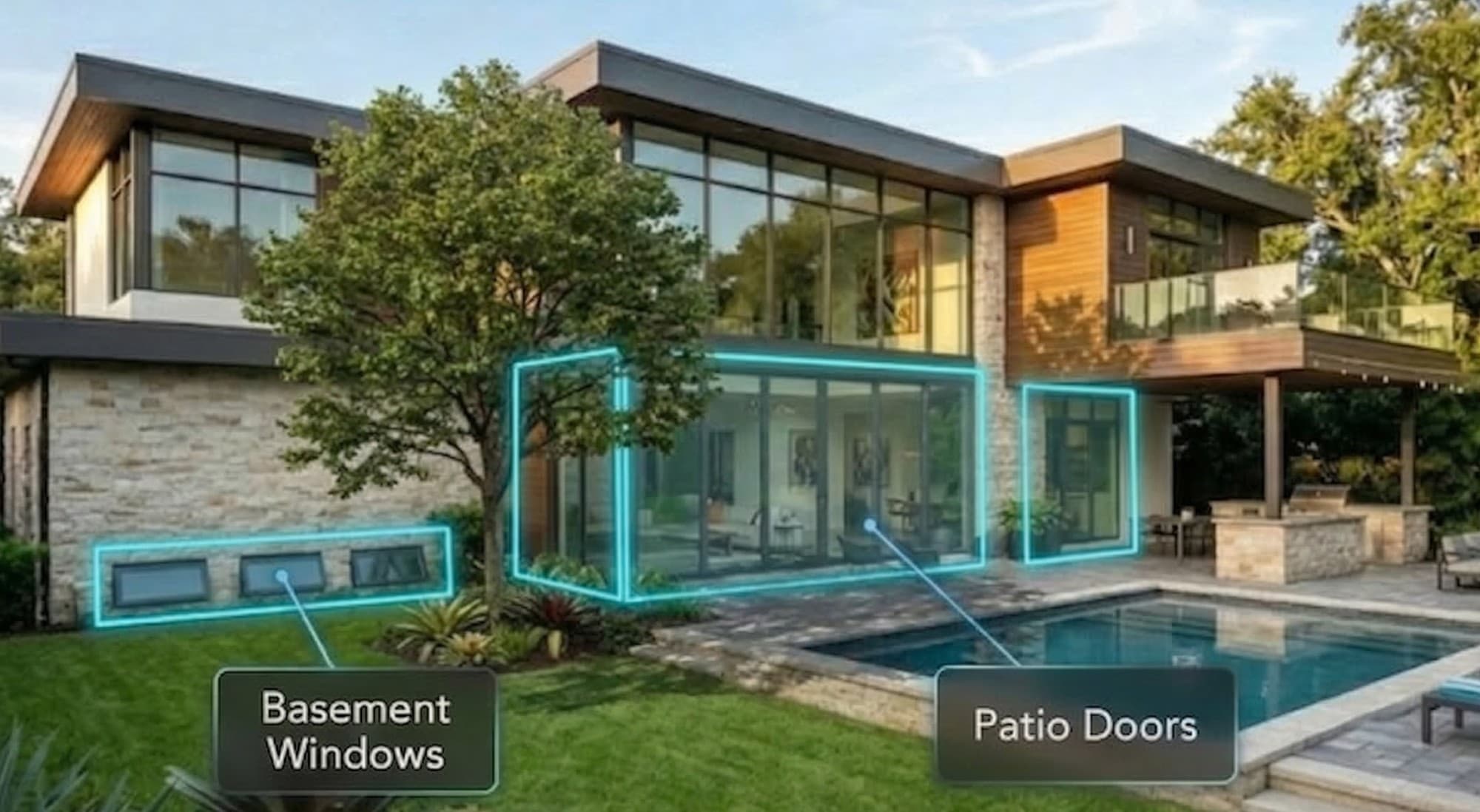 Rear view of a luxury home highlighting vulnerable glass areas including basement windows and patio doors